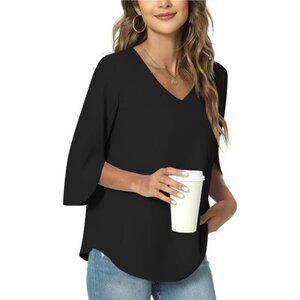 Women's Casual V-Neck Chiffon Tunic Top 3/4 Sleeve Loose Blouse for Legging
